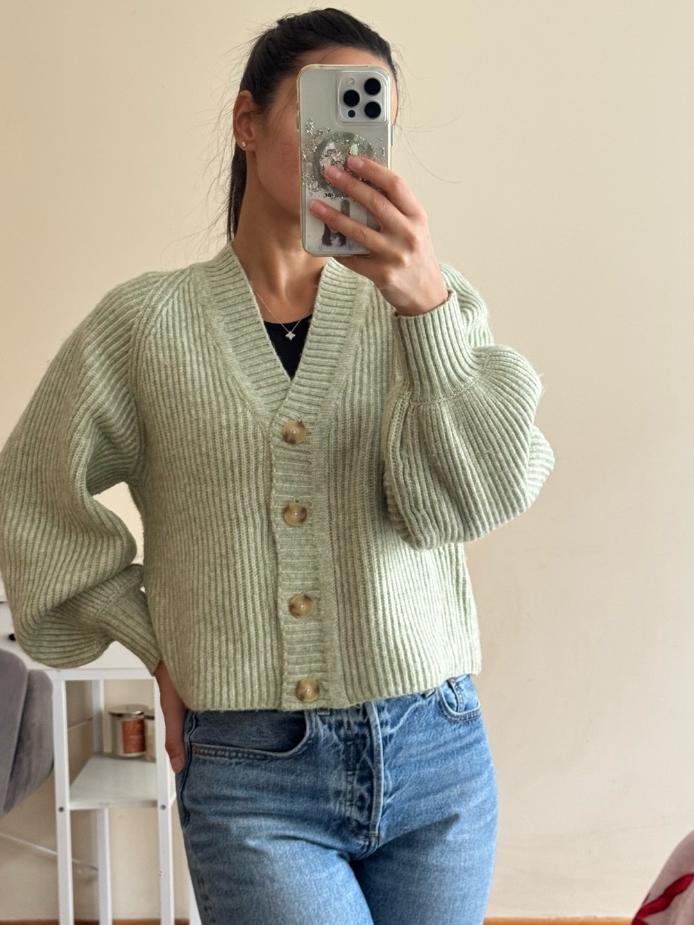 Mango Soft Sage Green Ribbed Button Cardigan - Picture 2 of 9